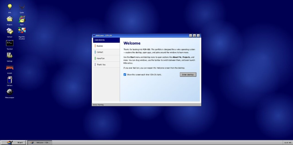 YZN-OS desktop with Welcome window